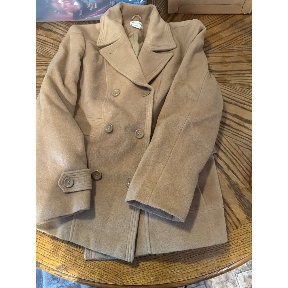 St. Johns Bay Wool Cashmere Pea Coat Tan Camel Double Breasted Large 75633-8
